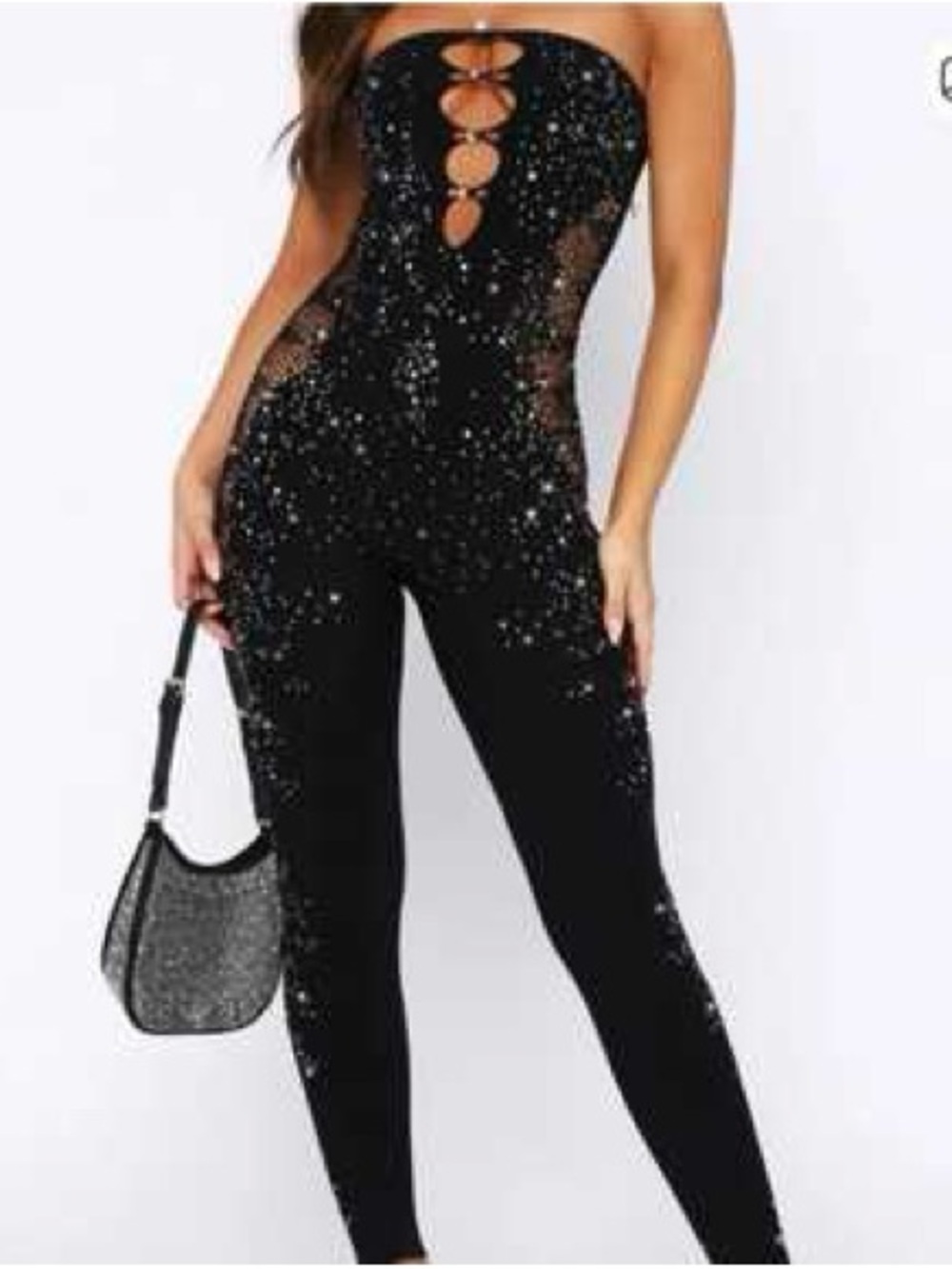 White Fox Boutique Black Strapless Sequin Cutout Jumpsuit